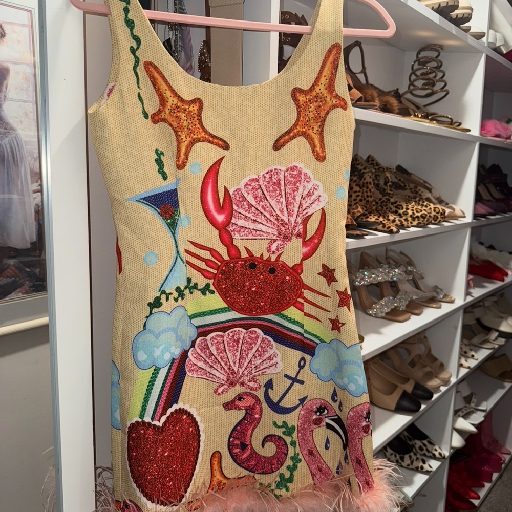 Colorful Sea Life Themed Feather  Dress size small